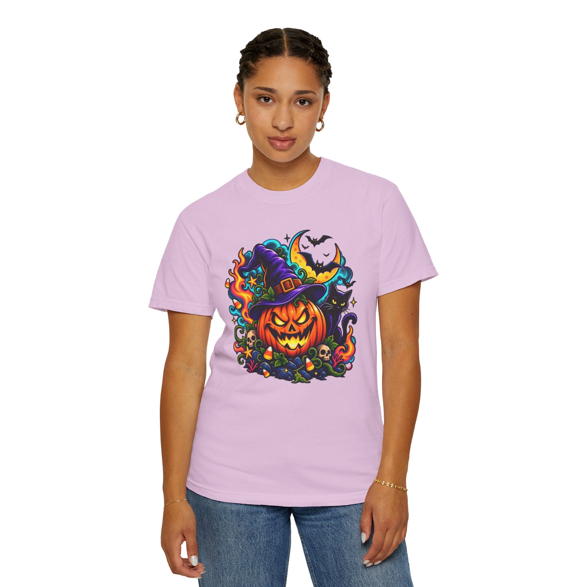 Unisex Halloween Pumpkin & Black Cat T-Shirt | Colorful Spooky Adult Tee