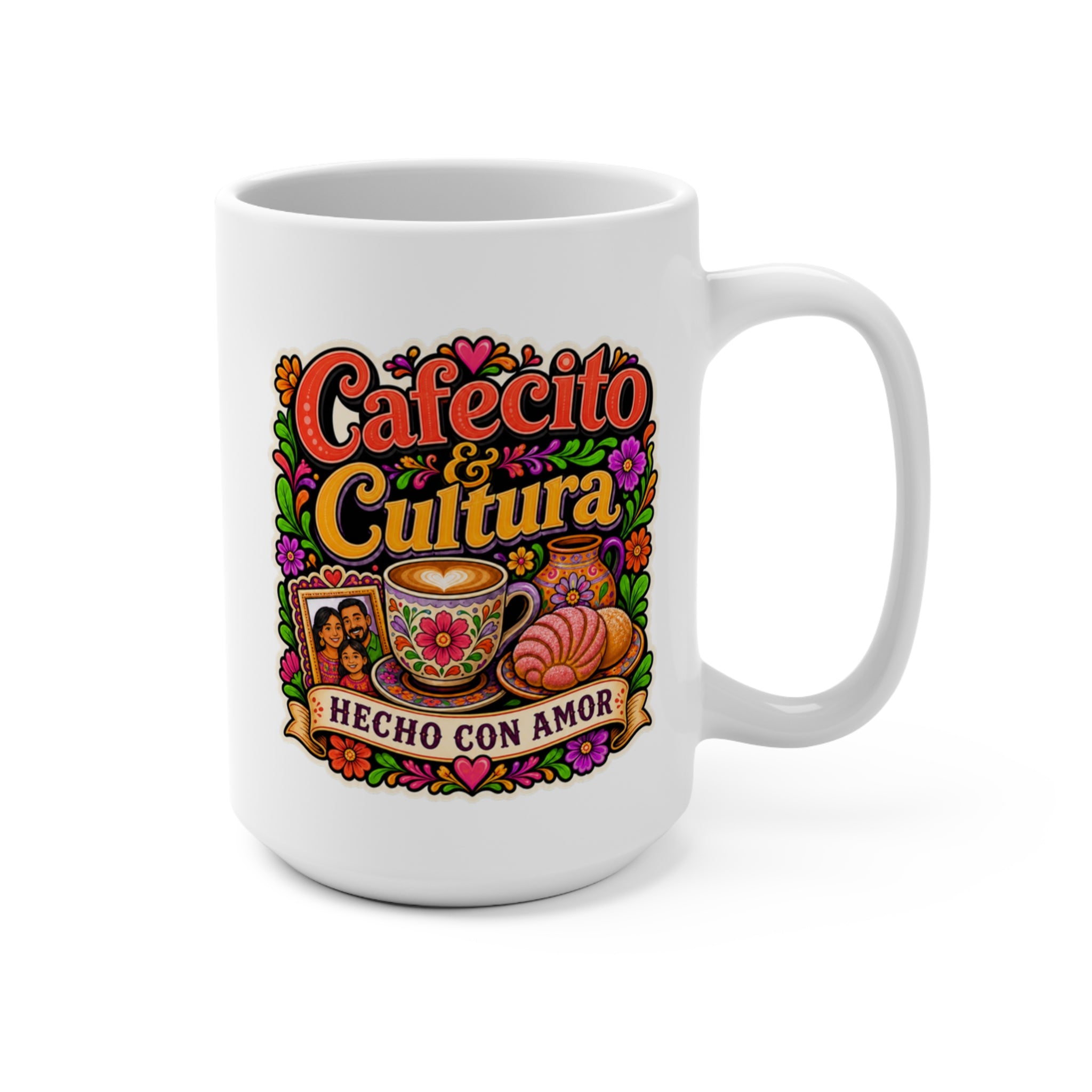 Cafecito and Cultura Mug - Hecho Con Amor Coffee Cup - Colorful Hispanic Heritage Gift for Latina Women, Coffee Lovers and Families