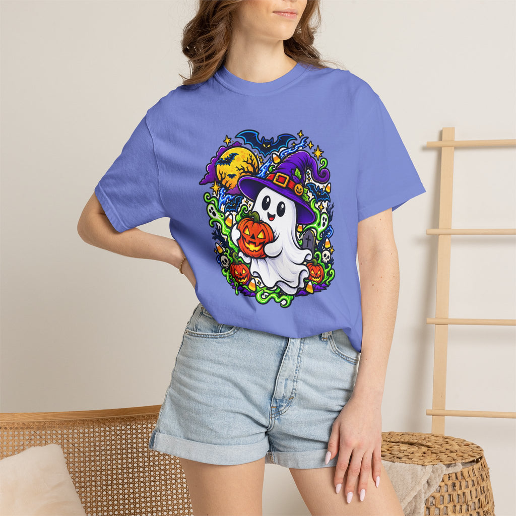 Unisex Halloween Ghost & Pumpkin Tee | Vibrant Spooky Adult Shirt