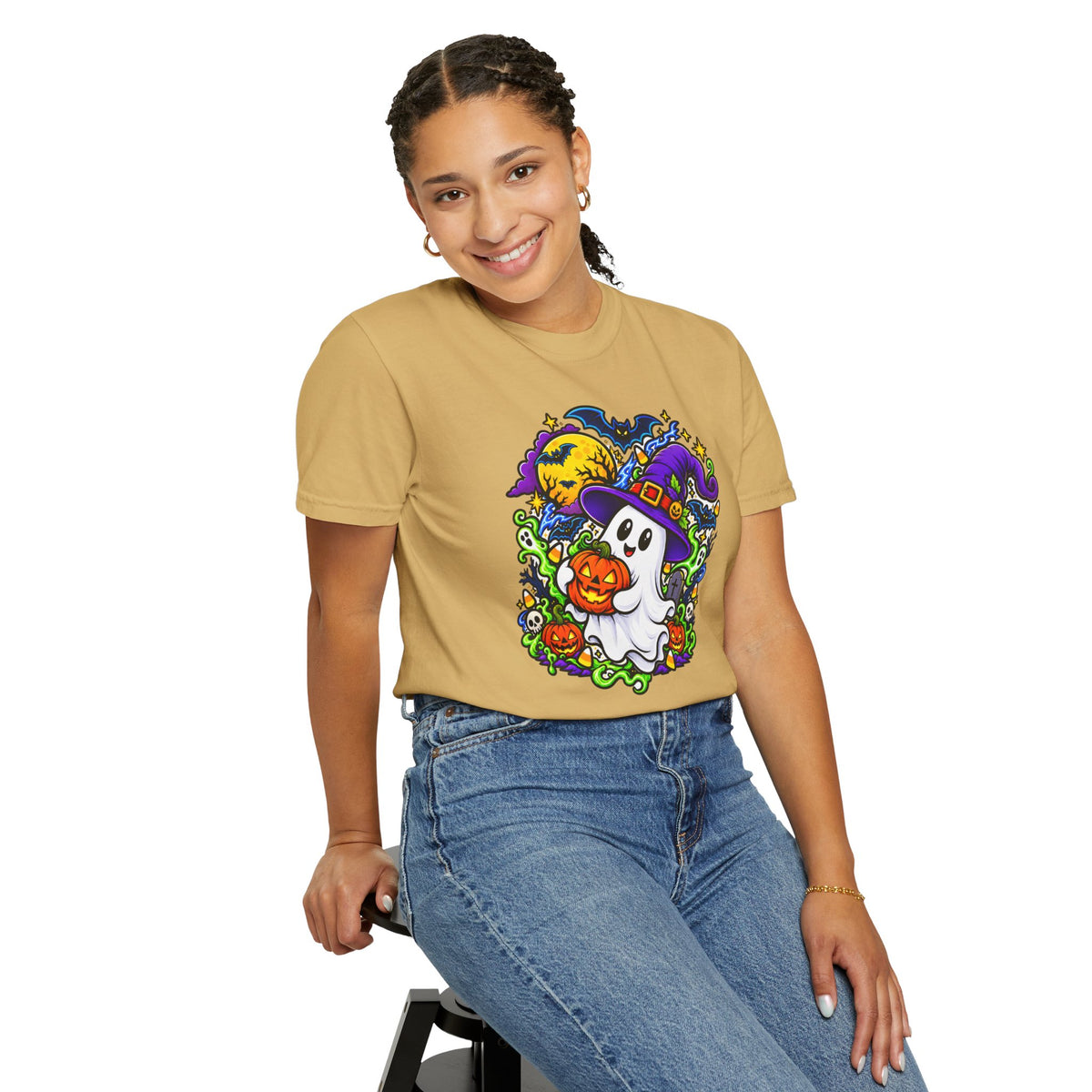 Unisex Halloween Ghost & Pumpkin Tee | Vibrant Spooky Adult Shirt
