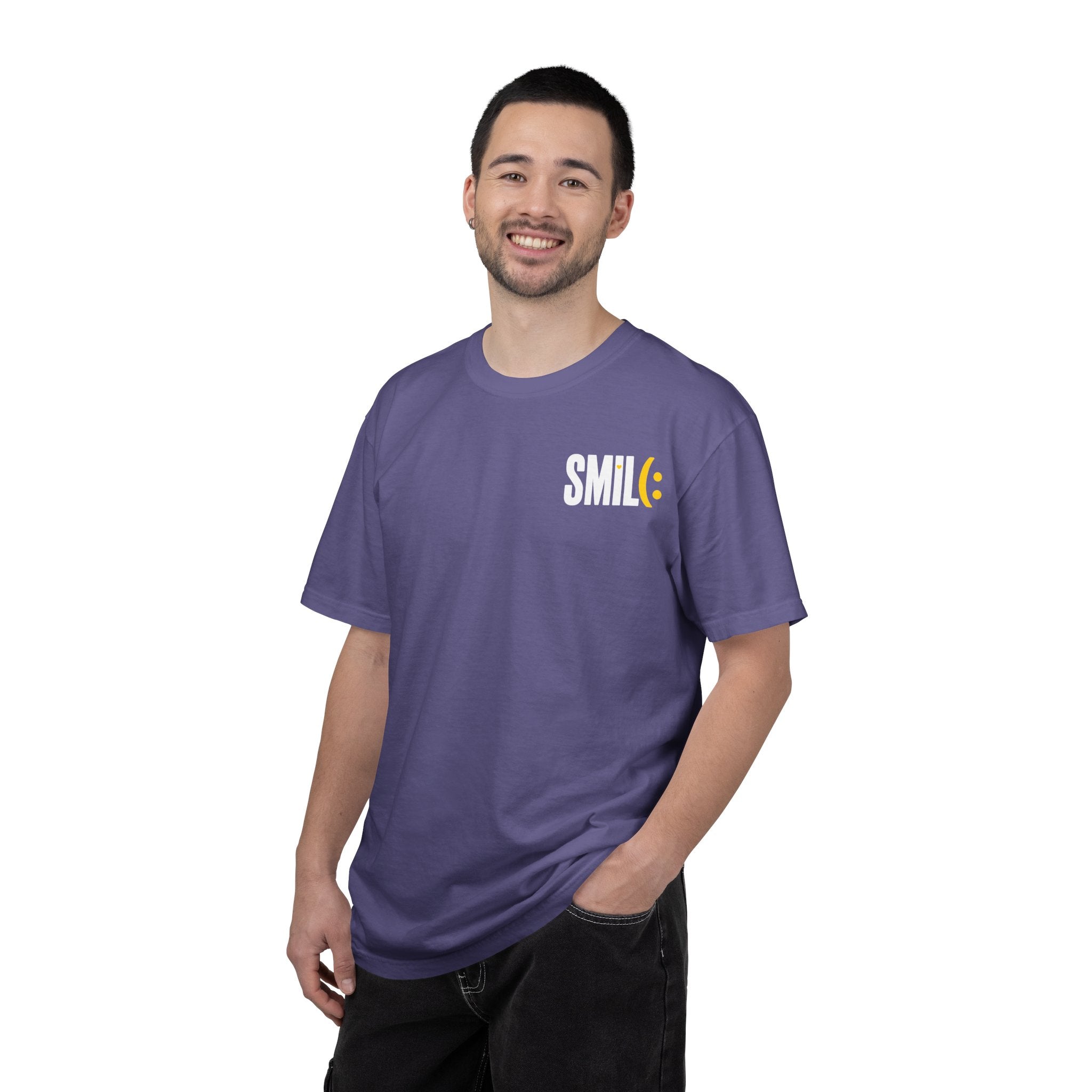 SMIL(: IT’S FREE. White & Yellow Front-and-Back Garment-Dyed Tee