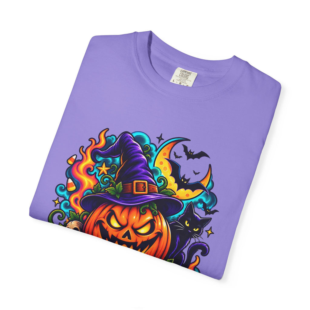 Unisex Halloween Pumpkin & Black Cat T-Shirt | Colorful Spooky Adult Tee