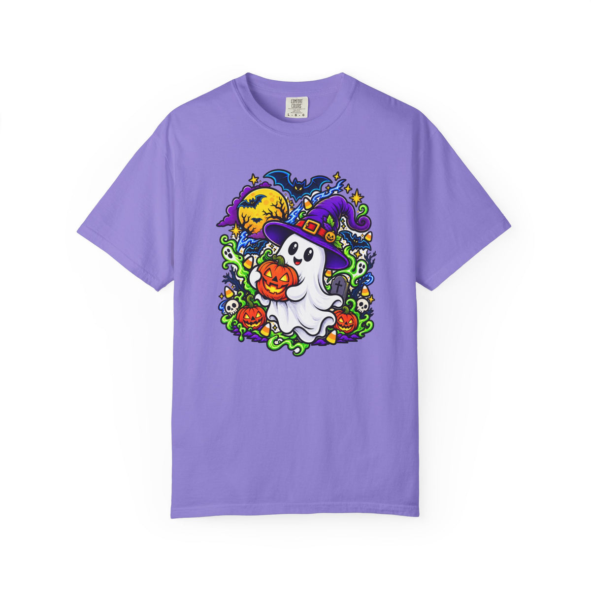 Unisex Halloween Ghost & Pumpkin Tee | Vibrant Spooky Adult Shirt