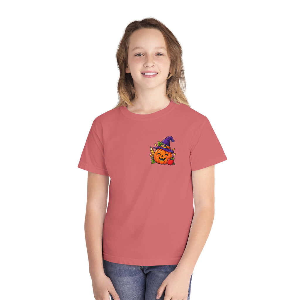 Kids Halloween Pumpkin Witch Hat Tee — Cute Jack-O'-Lantern with Apple & Pencils