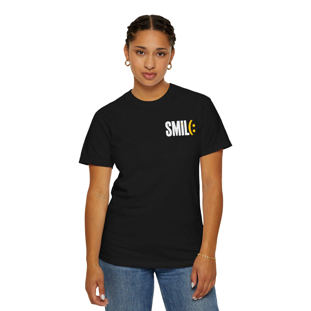 SMIL(: IT’S FREE. White & Yellow Front-and-Back Garment-Dyed Tee