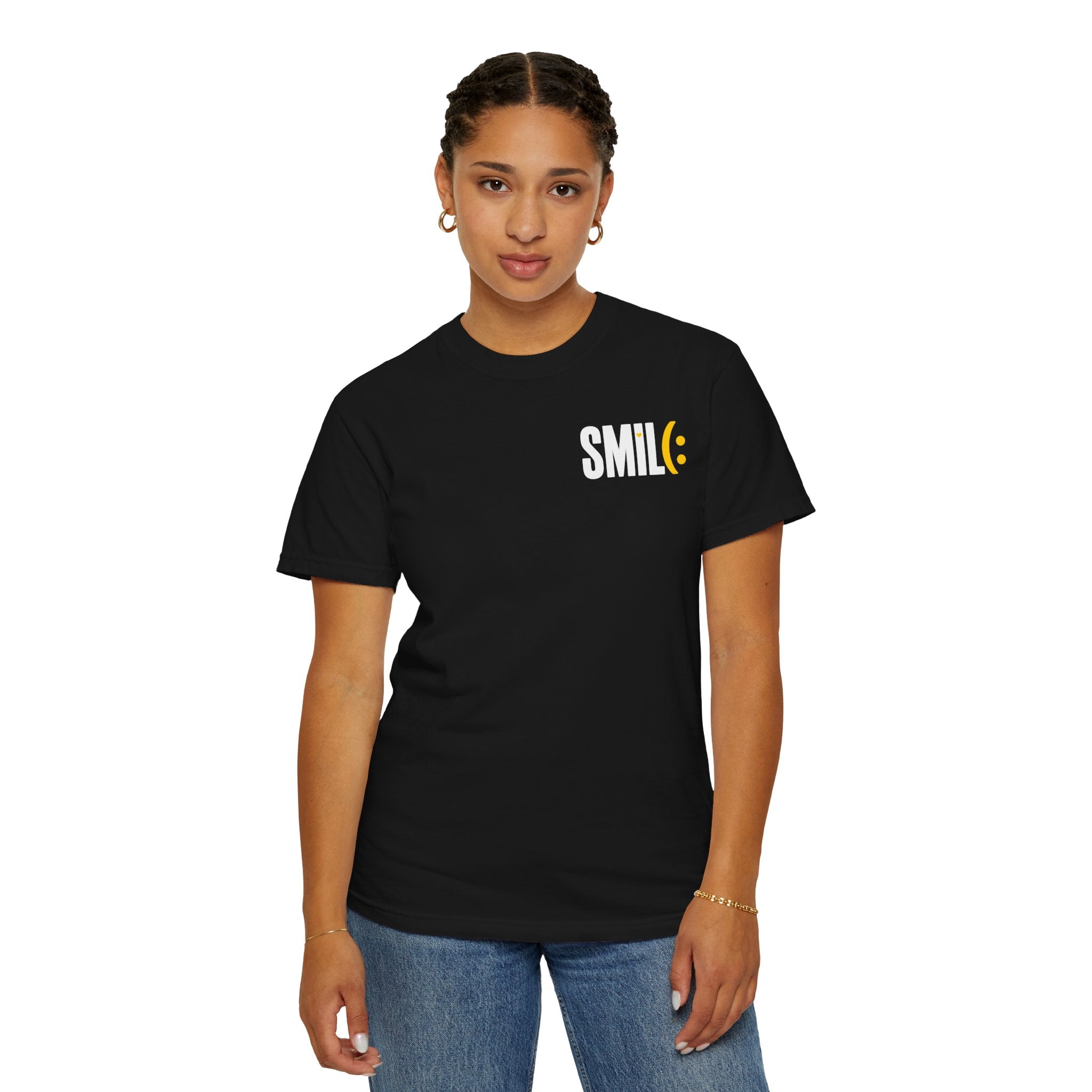 SMIL(: IT’S FREE. White & Yellow Front-and-Back Garment-Dyed Tee