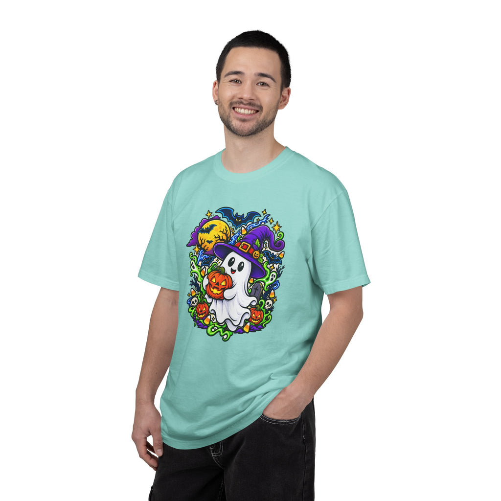 Unisex Halloween Ghost & Pumpkin Tee | Vibrant Spooky Adult Shirt