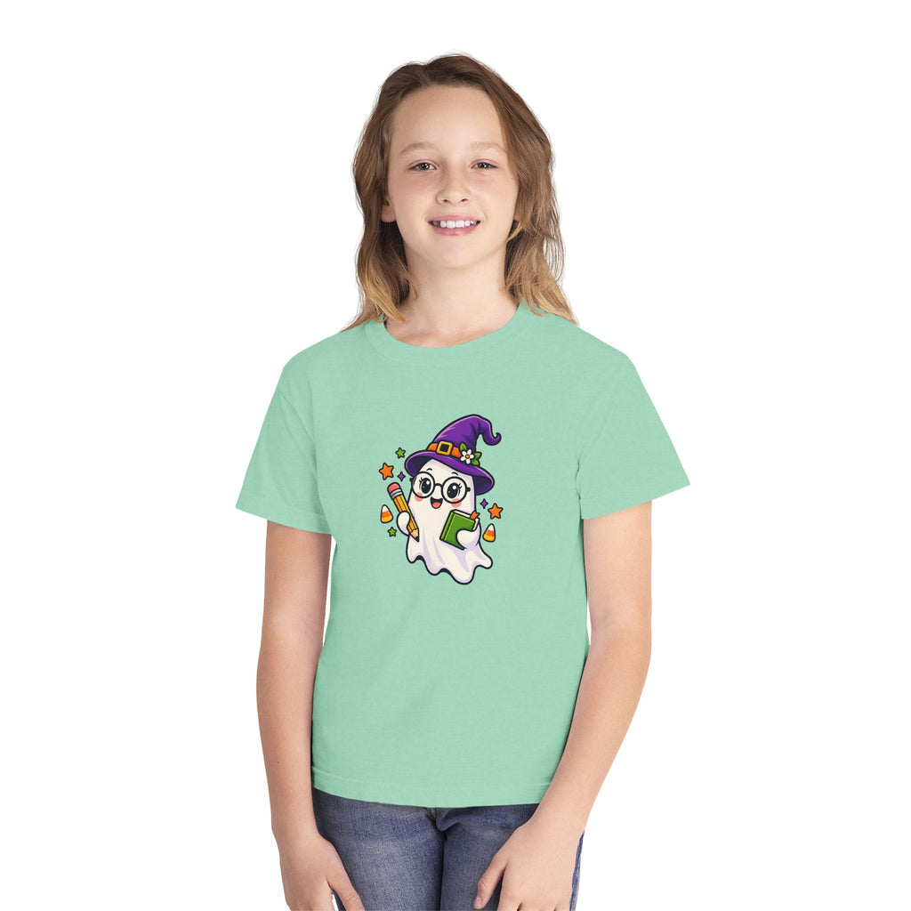 Kids Halloween Ghost Tee — Cute Witch Hat Ghost with Candy Corn & Trick-or-Treat Book