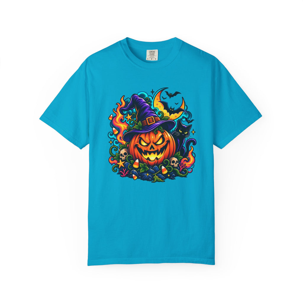 Unisex Halloween Pumpkin & Black Cat T-Shirt | Colorful Spooky Adult Tee