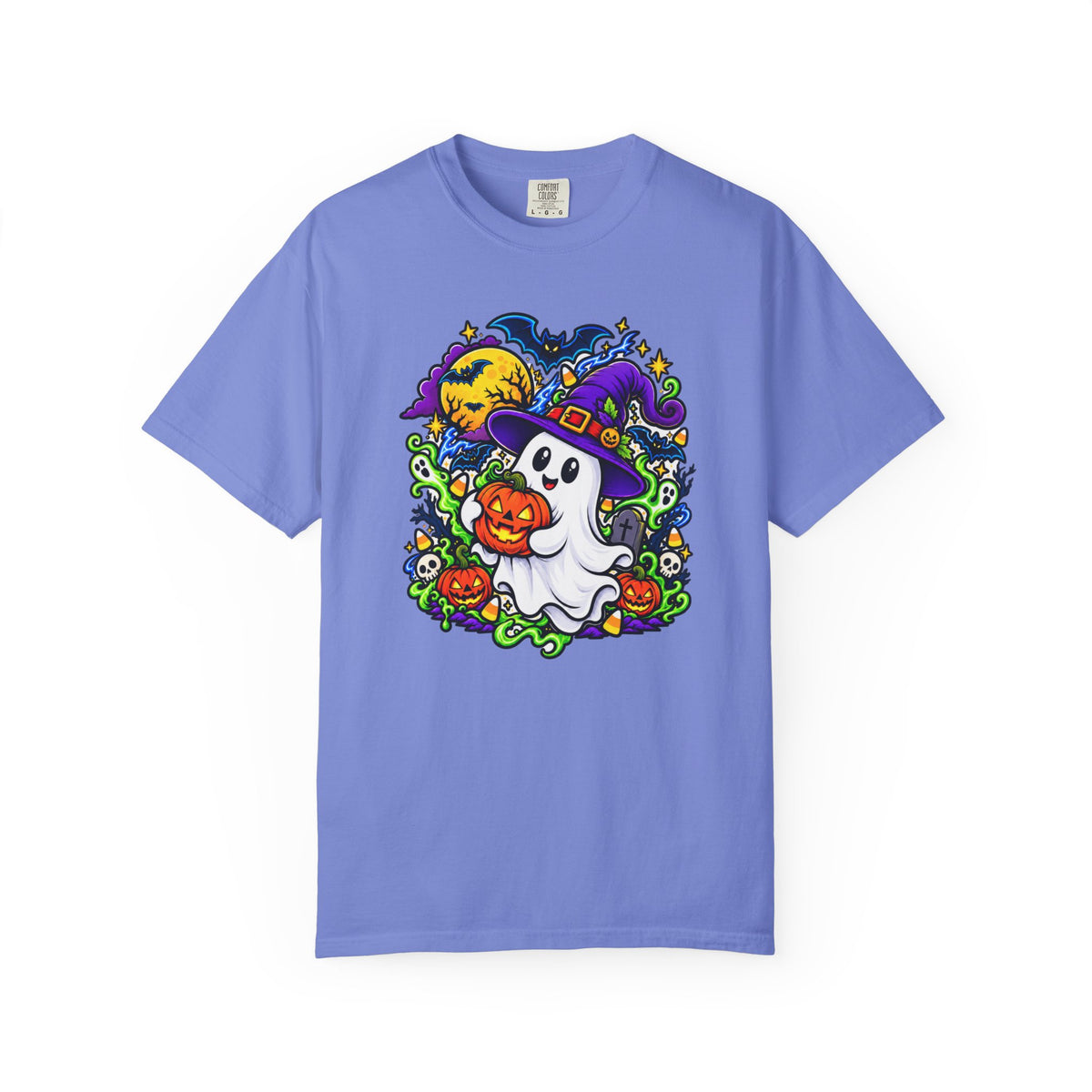 Unisex Halloween Ghost & Pumpkin Tee | Vibrant Spooky Adult Shirt