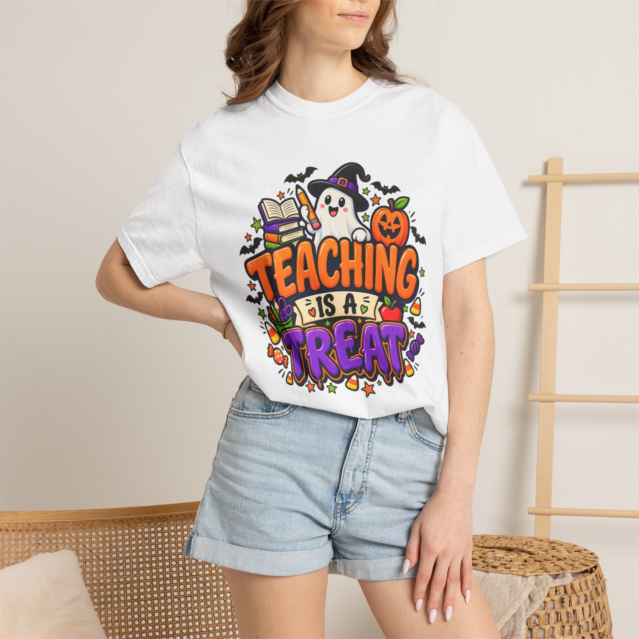 Teaching Is a Treat Halloween T-Shirt — Cute Ghost & Pumpkin Teacher Tee