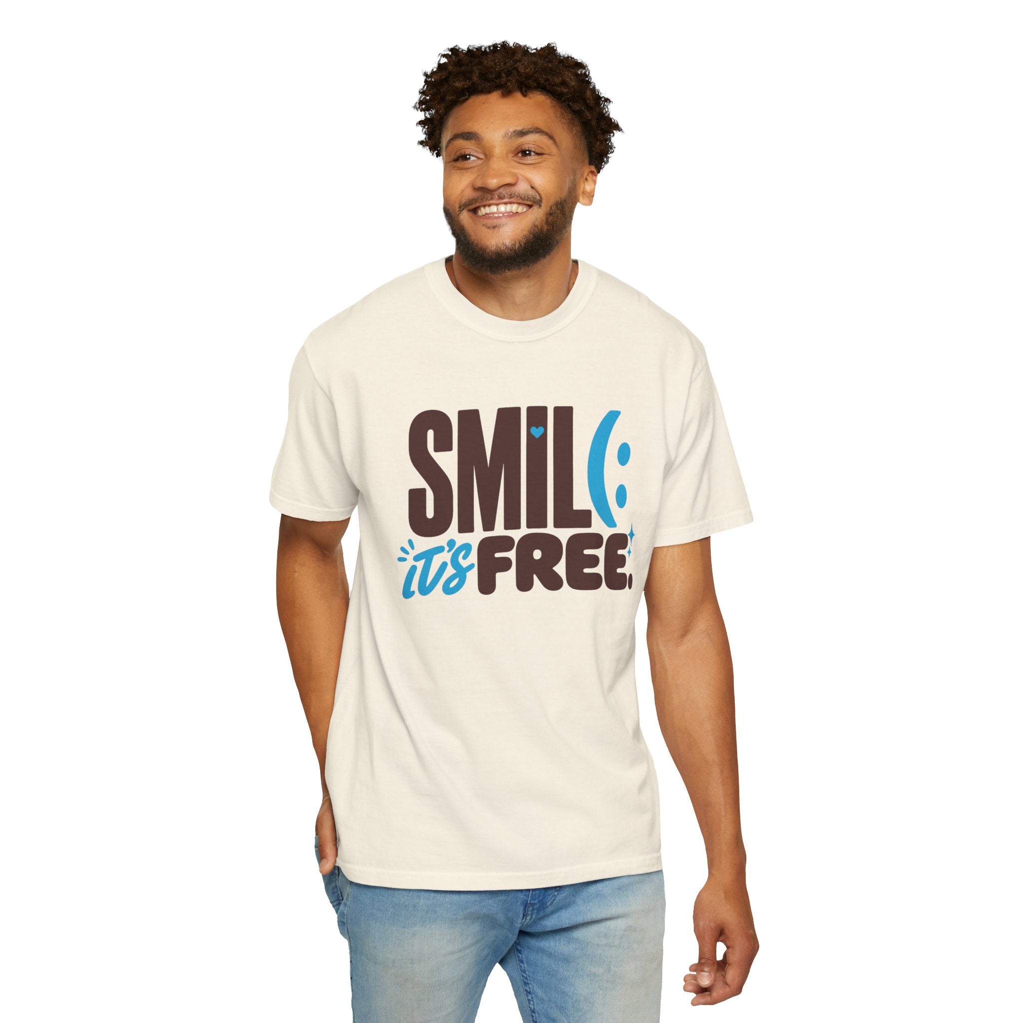 SMIL(: IT’S FREE. Brown & Bright Blue Garment-Dyed Graphic Tee