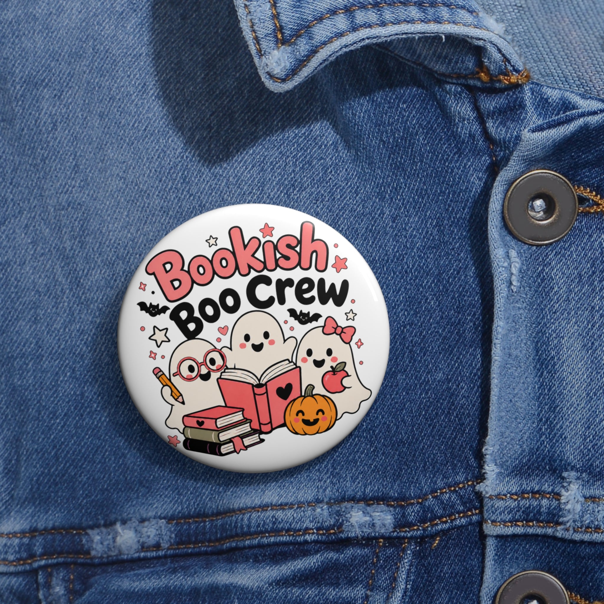 Bookish Boo Crew Halloween Button Pin, Cute Ghost Reader Badge