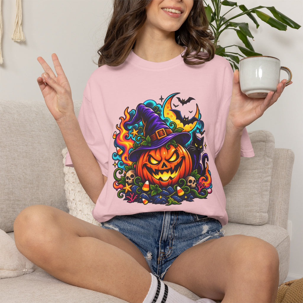 Unisex Halloween Pumpkin & Black Cat T-Shirt | Colorful Spooky Adult Tee