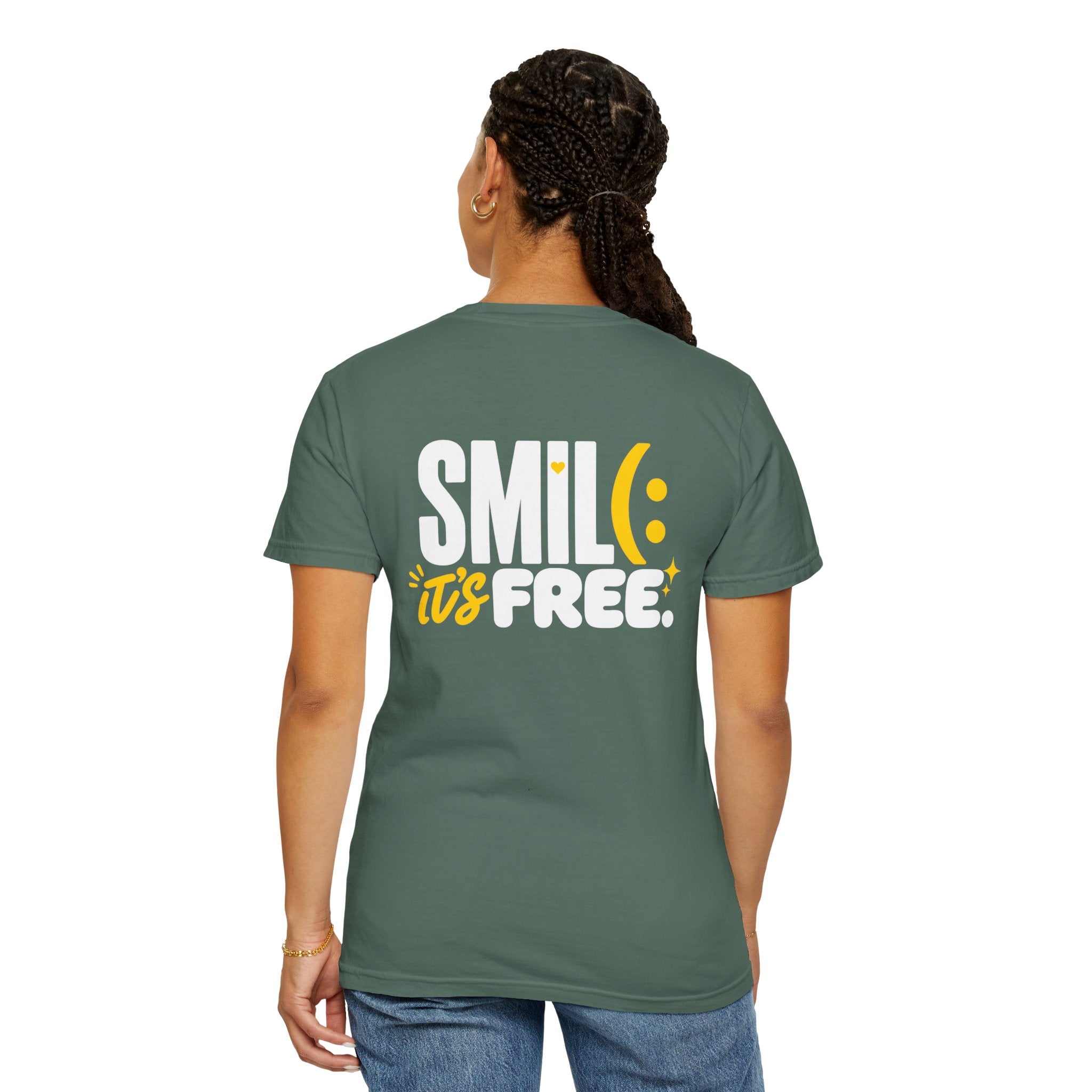 SMIL(: IT’S FREE. White & Yellow Front-and-Back Garment-Dyed Tee