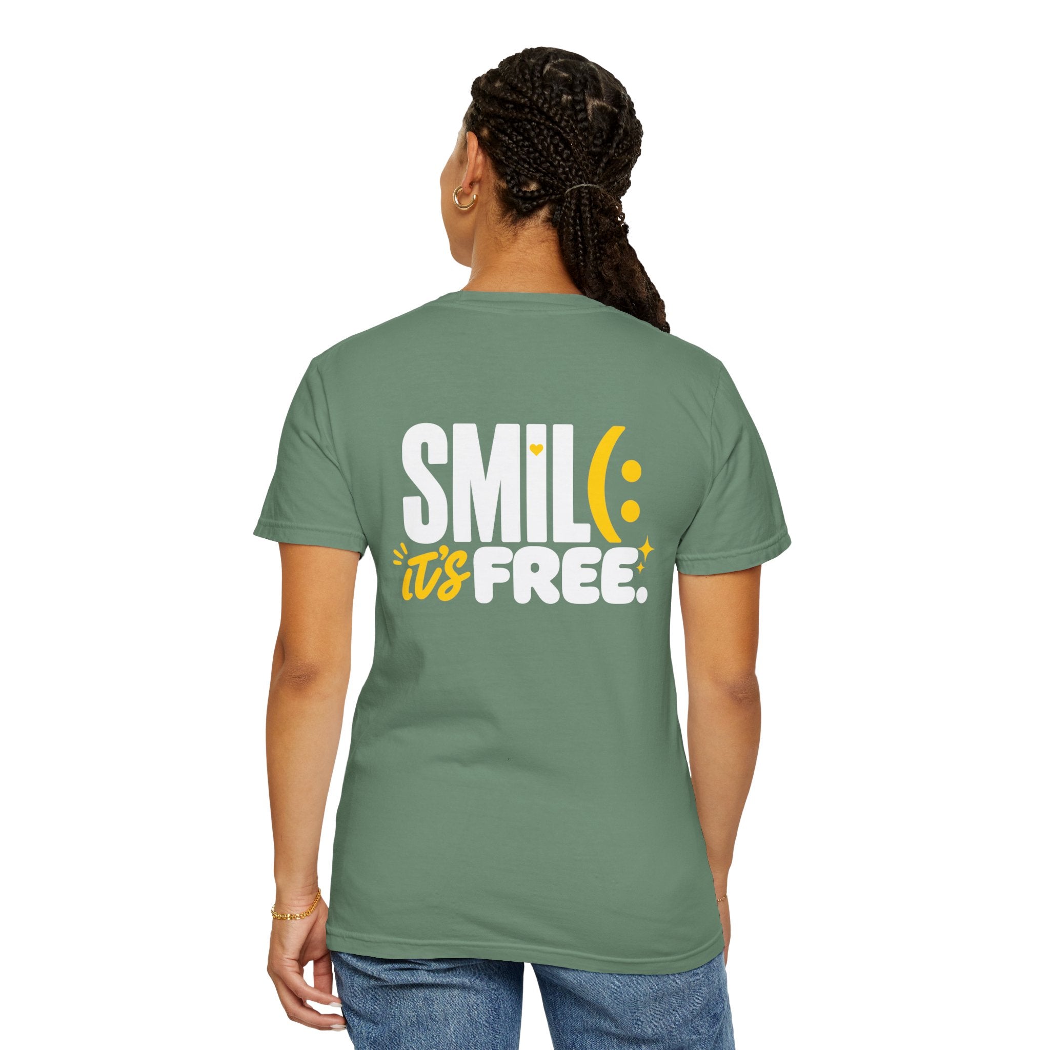 SMIL(: IT’S FREE. White & Yellow Front-and-Back Garment-Dyed Tee