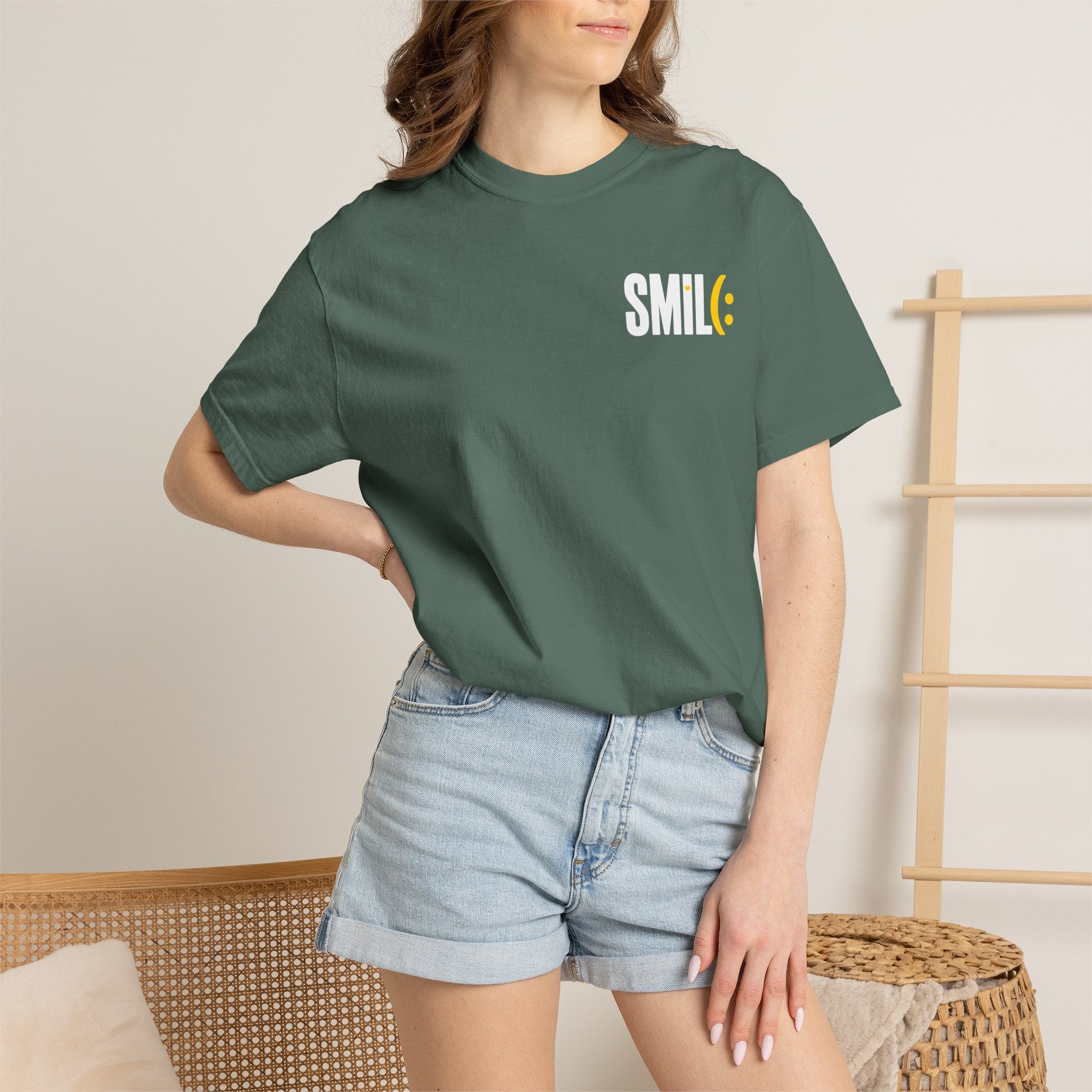 SMIL(: IT’S FREE. White & Yellow Front-and-Back Garment-Dyed Tee