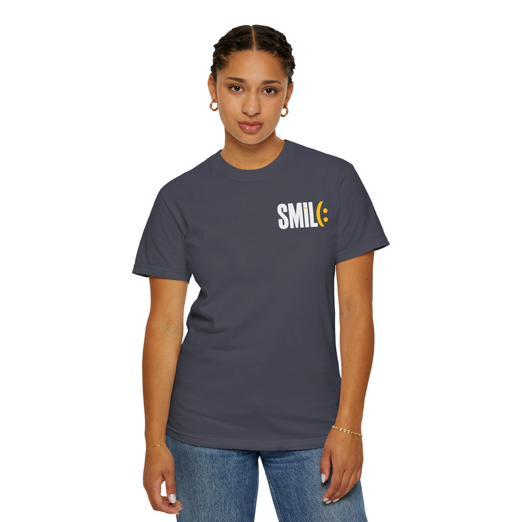 SMIL(: IT’S FREE. White & Yellow Front-and-Back Garment-Dyed Tee