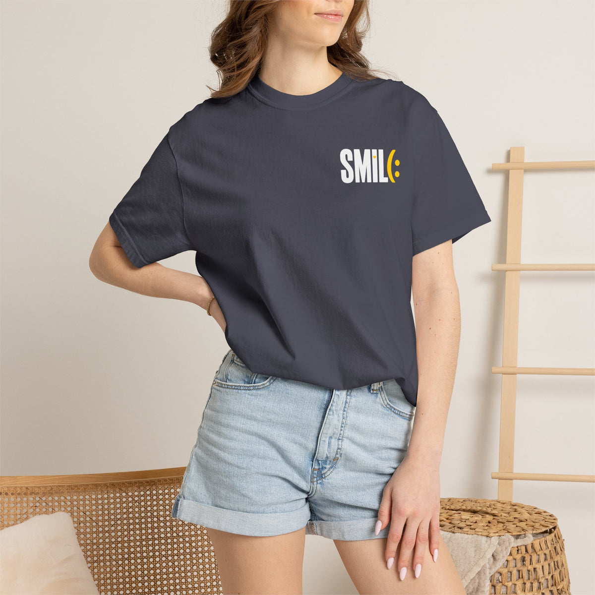 SMIL(: IT’S FREE. White & Yellow Front-and-Back Garment-Dyed Tee