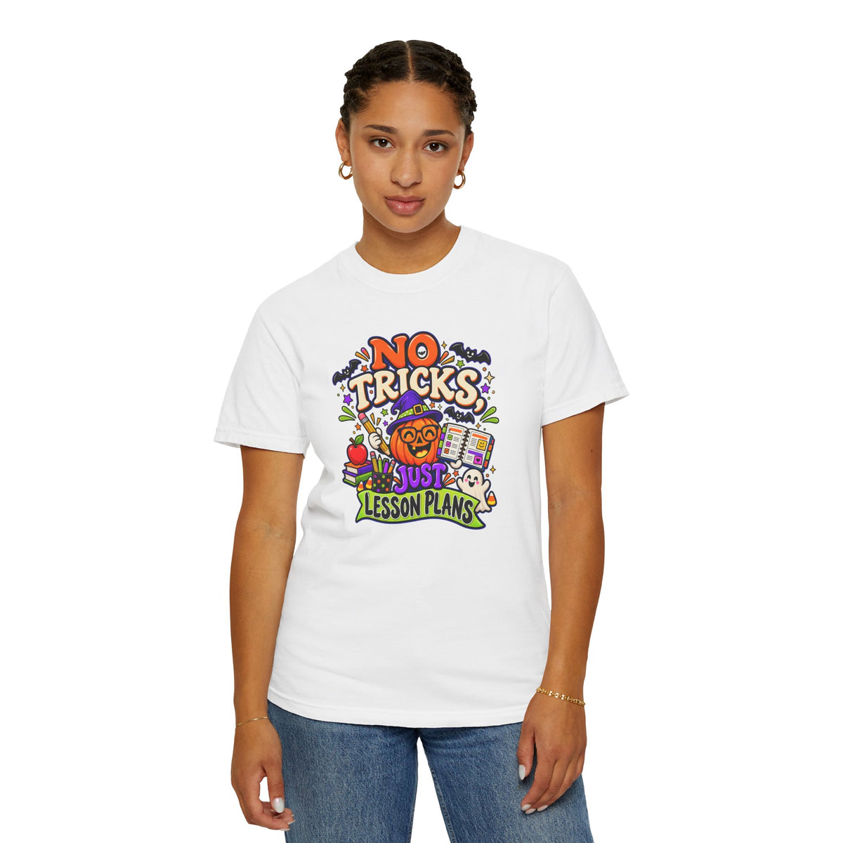 Halloween Teacher T-Shirt - "No Tricks, Just Lesson Plans"