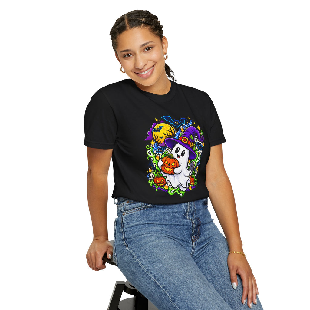 Unisex Halloween Ghost & Pumpkin Tee | Vibrant Spooky Adult Shirt
