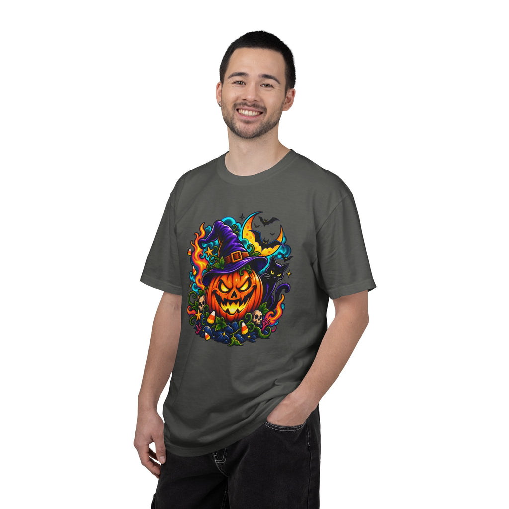 Unisex Halloween Pumpkin & Black Cat T-Shirt | Colorful Spooky Adult Tee