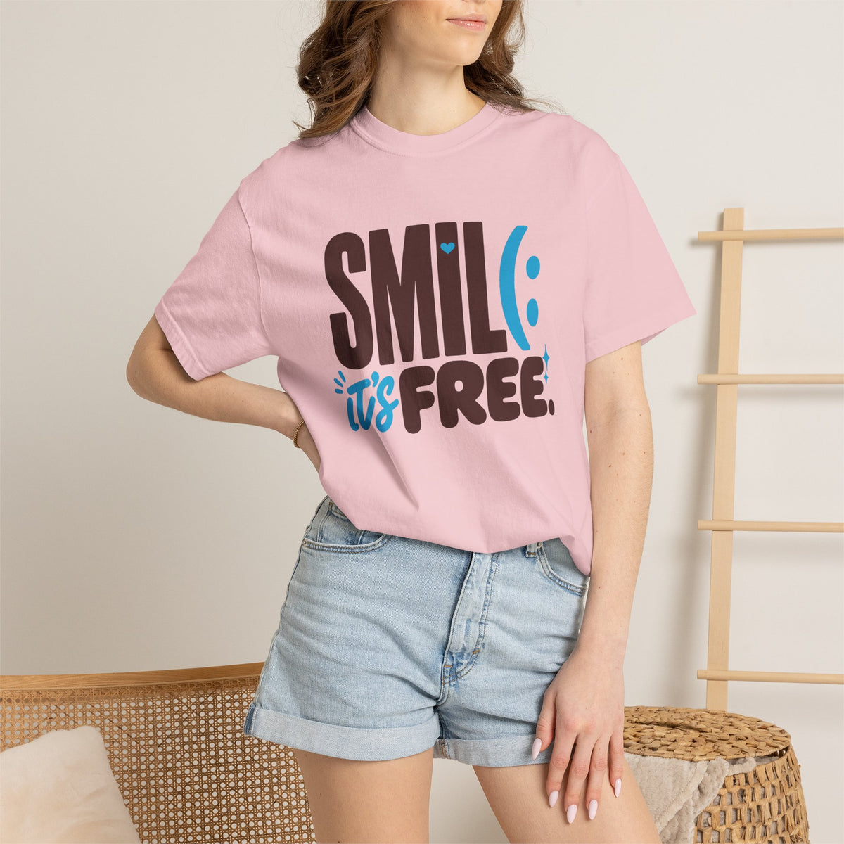 SMIL(: IT’S FREE. Brown & Bright Blue Garment-Dyed Graphic Tee