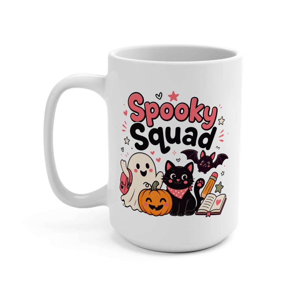 Spooky Squad Halloween Mug - Cute Halloween Coffee Cup - Black Cat, Ghost, Pumpkin and Bat Gift for Kids, Teens and Fall Lovers