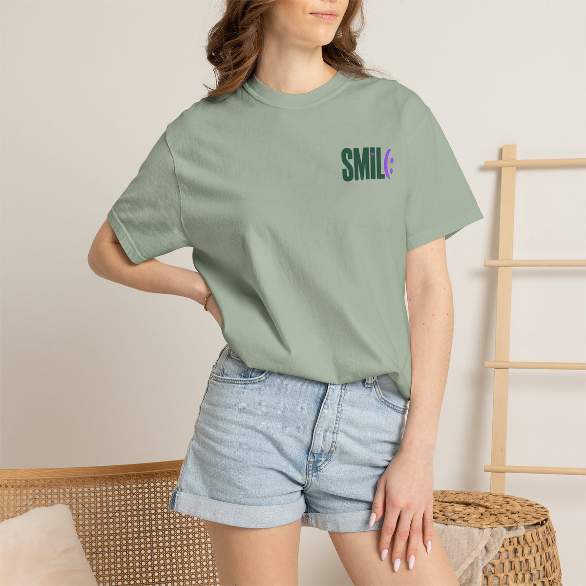 SMIL(: IT’S FREE. Green & Purple Front-and-Back Garment-Dyed Tee