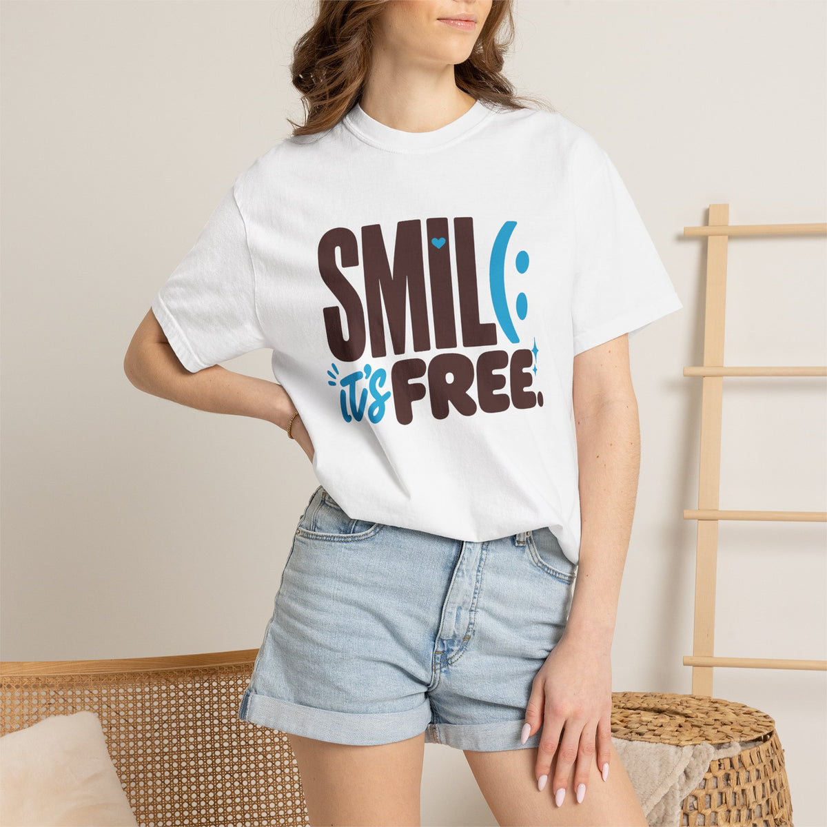 SMIL(: IT’S FREE. Brown & Bright Blue Garment-Dyed Graphic Tee