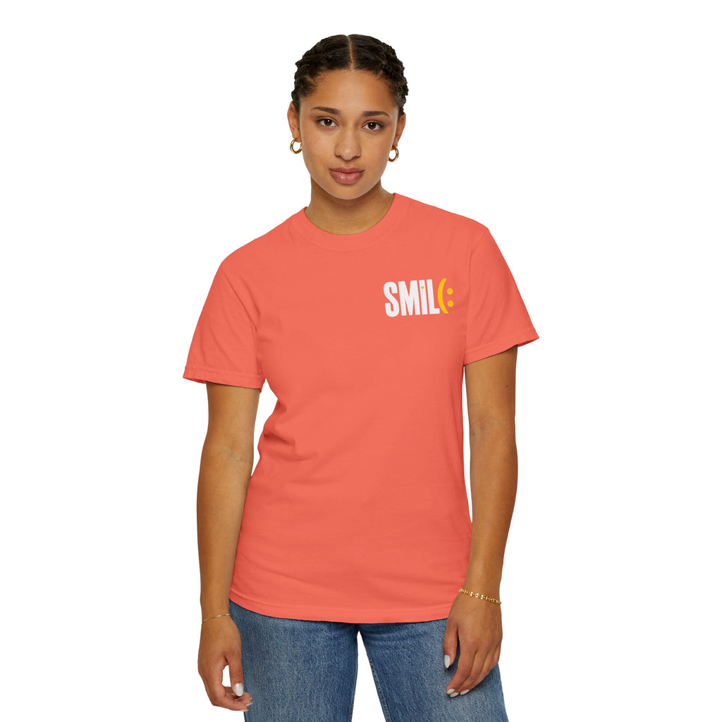 SMIL(: IT’S FREE. White & Yellow Front-and-Back Garment-Dyed Tee