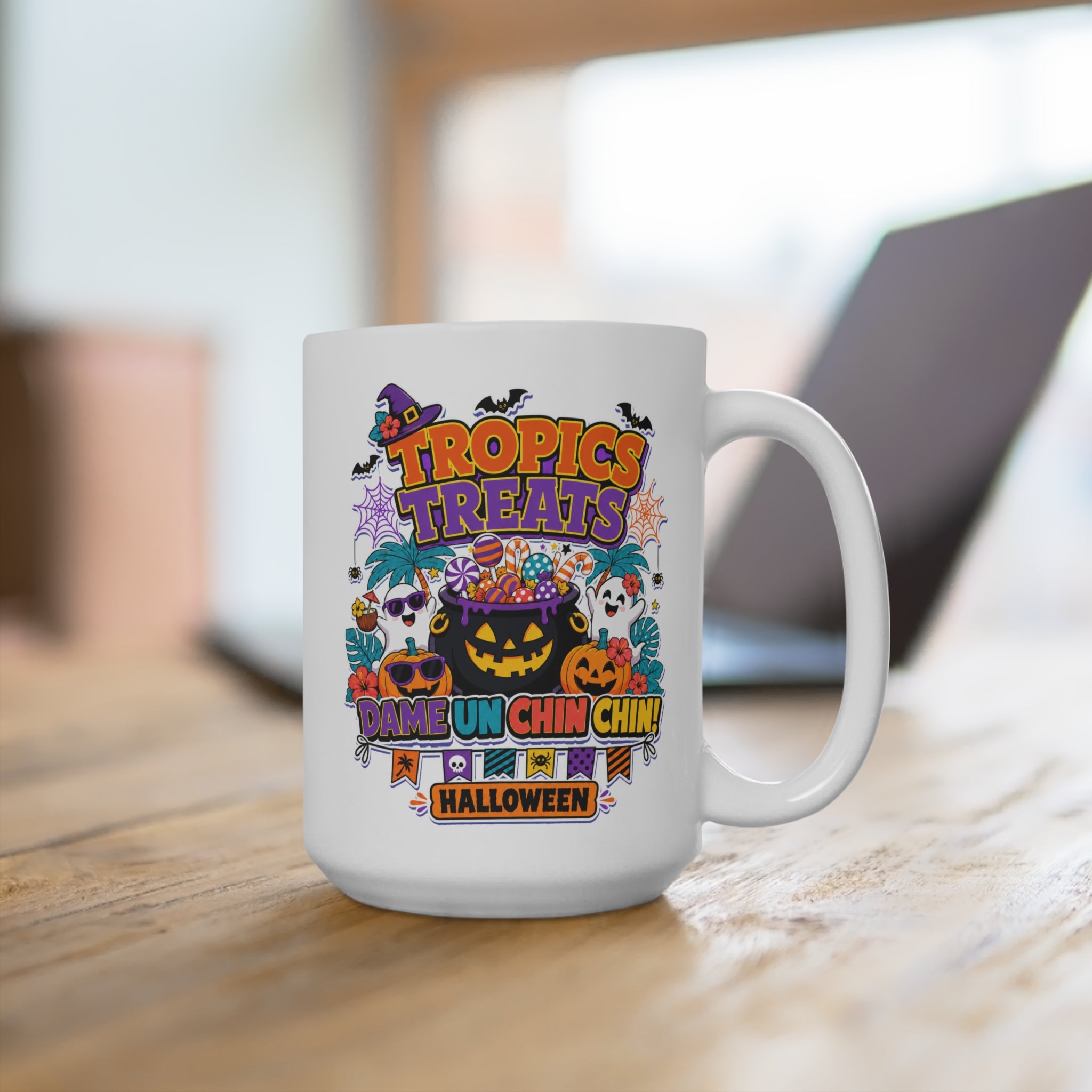 Tropics Treats Halloween Mug - Tropical Halloween Coffee Cup - Dame Un Chin Chin Spooky Gift - Fun Holiday Mug