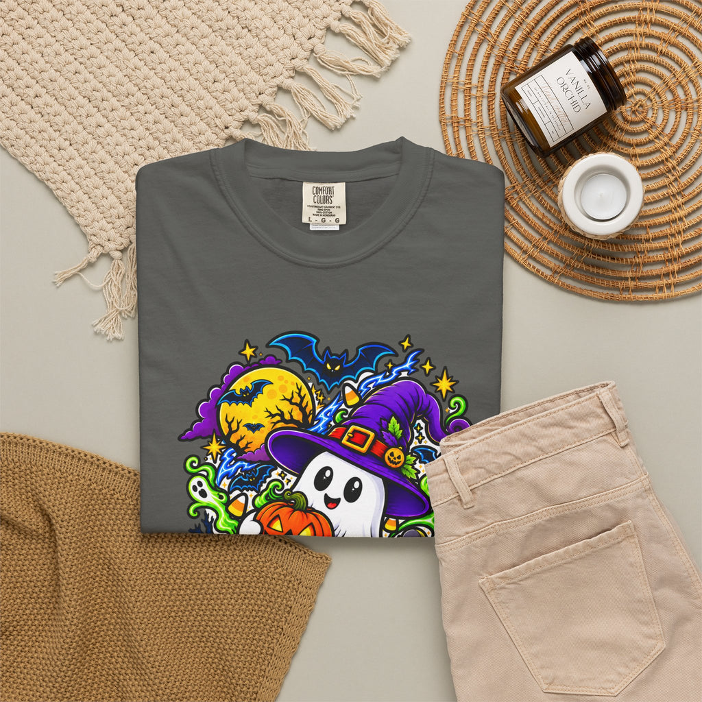 Unisex Halloween Ghost & Pumpkin Tee | Vibrant Spooky Adult Shirt