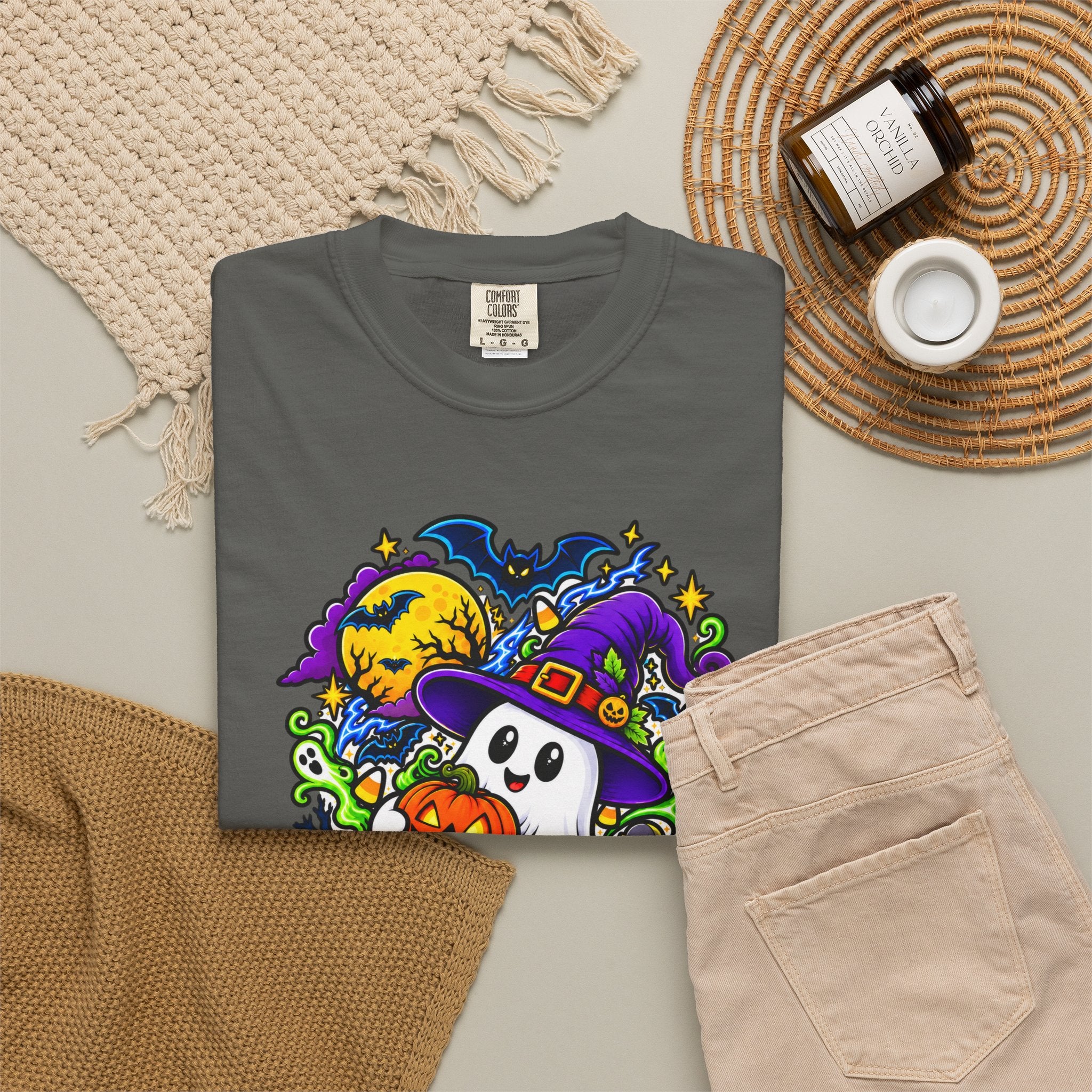 Unisex Halloween Ghost & Pumpkin Tee | Vibrant Spooky Adult Shirt