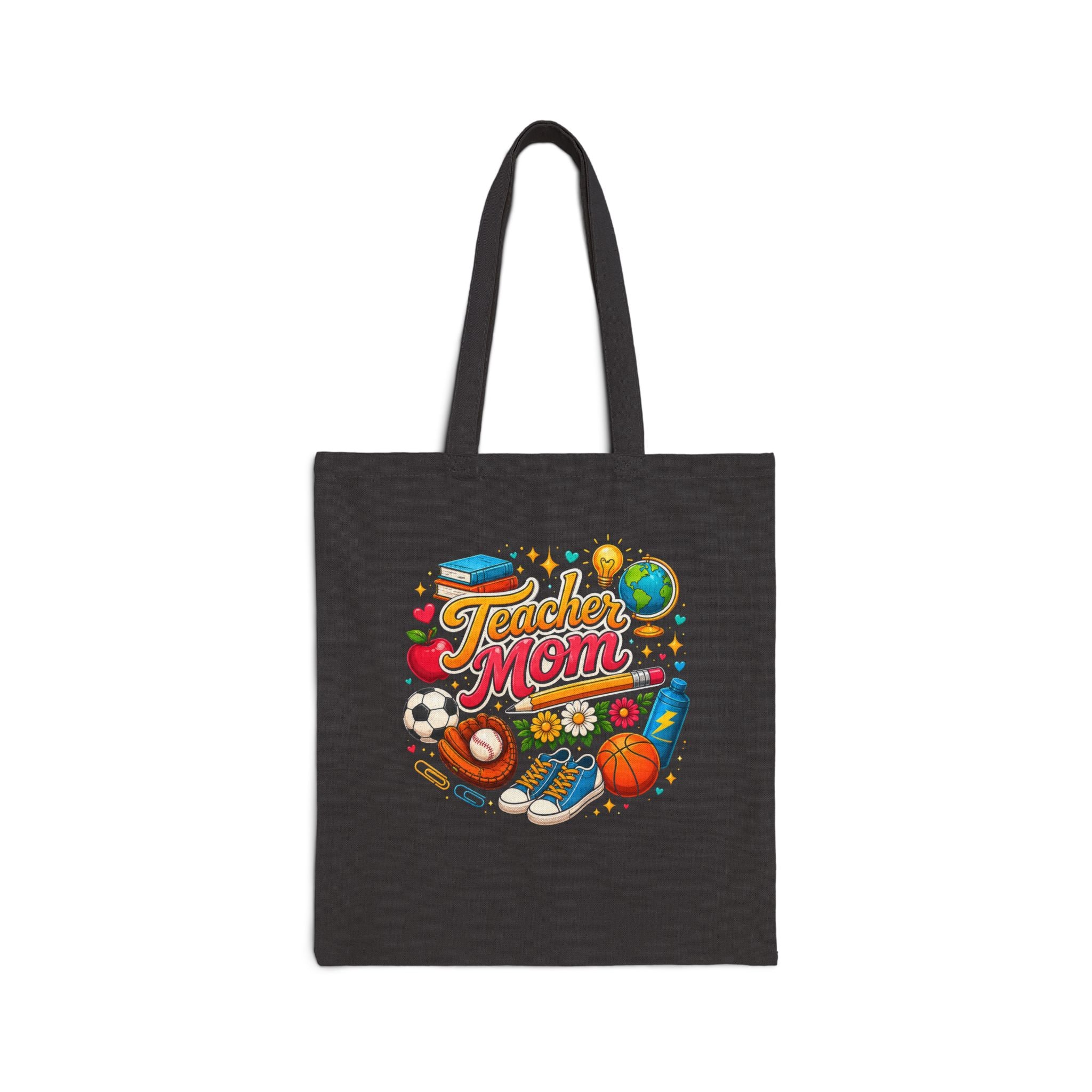 Teacher Mom Canvas Tote Bag with School Icons (Apple, Books, Sports)