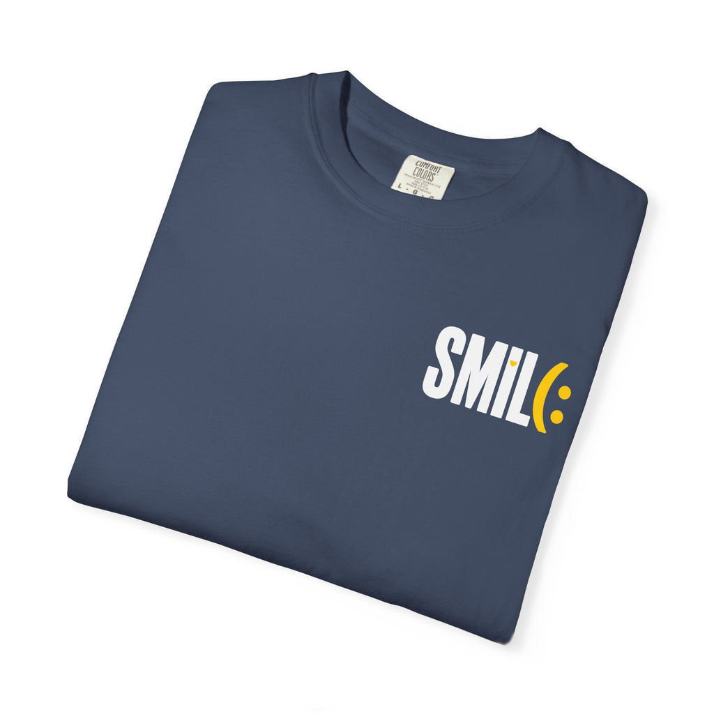 SMIL(: IT’S FREE. White & Yellow Front-and-Back Garment-Dyed Tee
