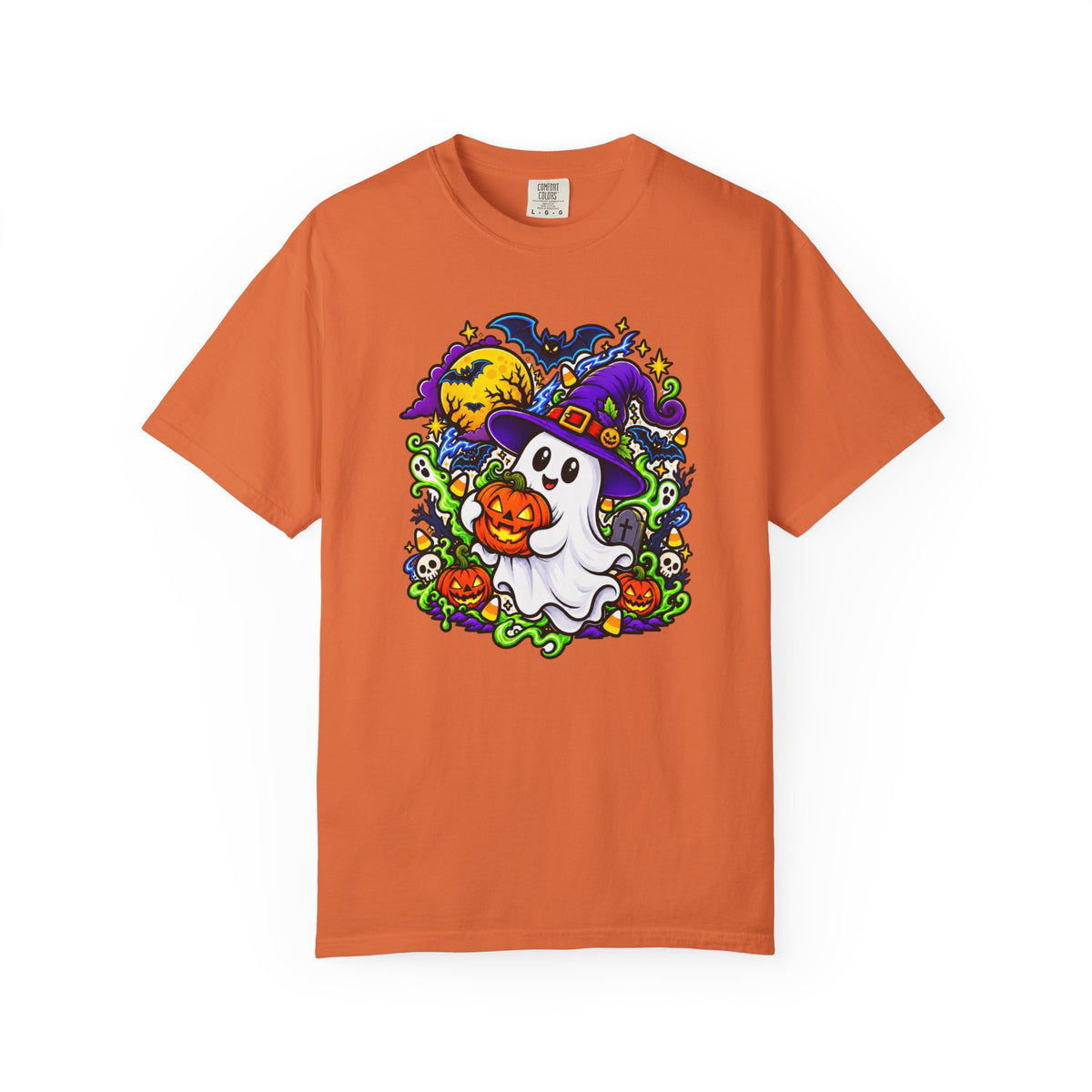 Unisex Halloween Ghost & Pumpkin Tee | Vibrant Spooky Adult Shirt