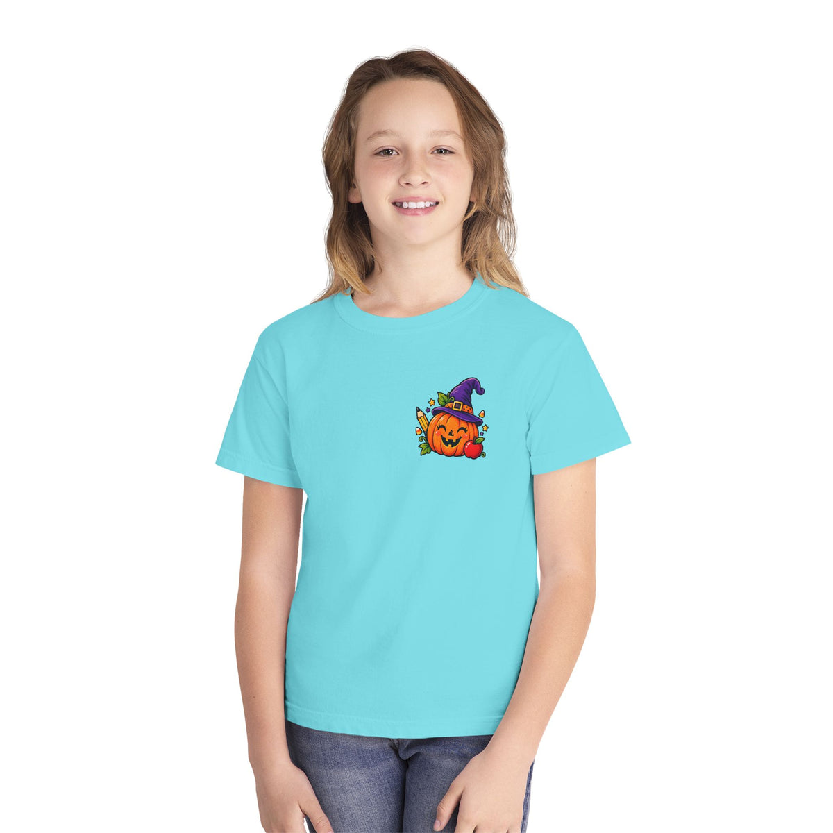 Kids Halloween Pumpkin Witch Hat Tee — Cute Jack-O'-Lantern with Apple & Pencils