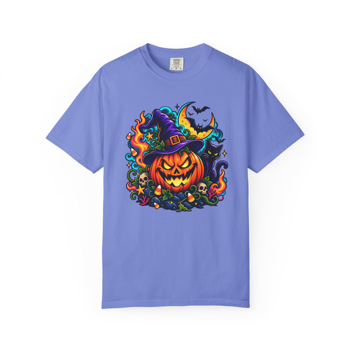Unisex Halloween Pumpkin & Black Cat T-Shirt | Colorful Spooky Adult Tee