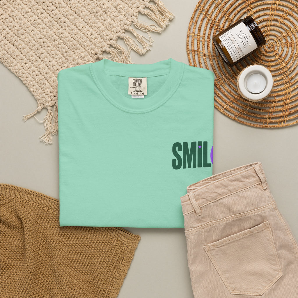 SMIL(: IT’S FREE. Green & Purple Front-and-Back Garment-Dyed Tee