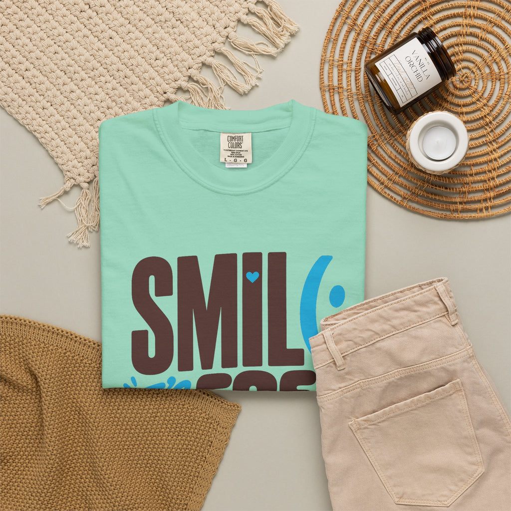 SMIL(: IT’S FREE. Brown & Bright Blue Garment-Dyed Graphic Tee