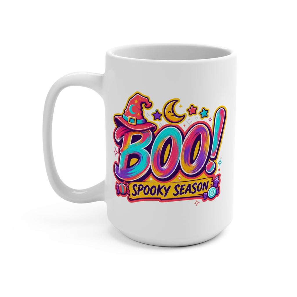 BOO! Spooky Season Mug - Halloween Coffee Cup - Colorful Witch Hat Mug - Fun Fall Gift