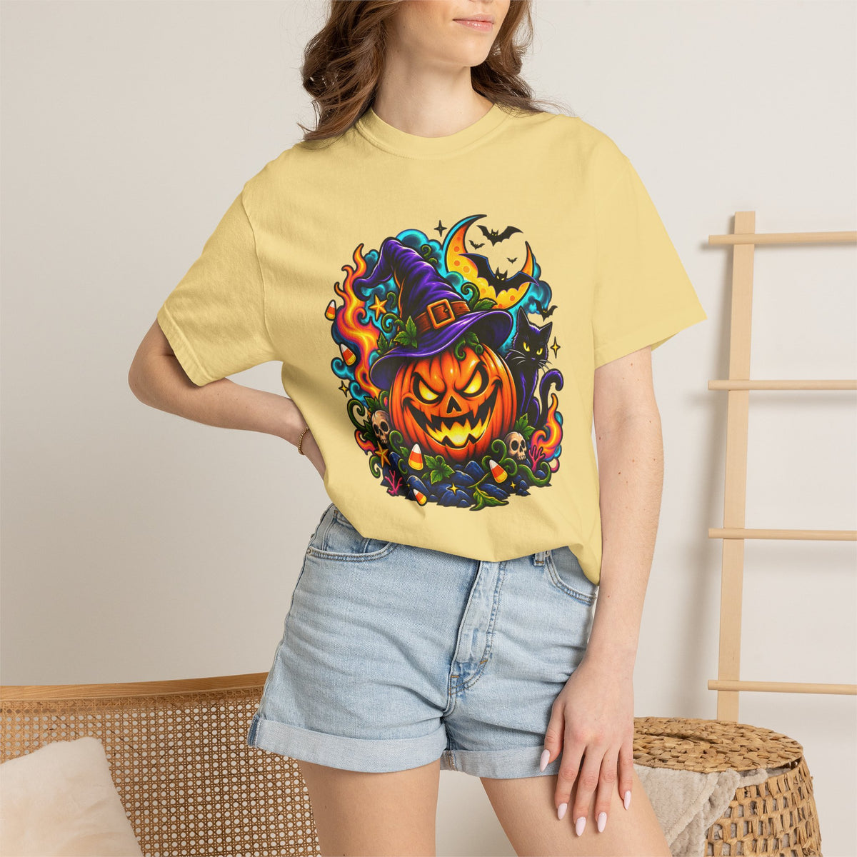 Unisex Halloween Pumpkin & Black Cat T-Shirt | Colorful Spooky Adult Tee