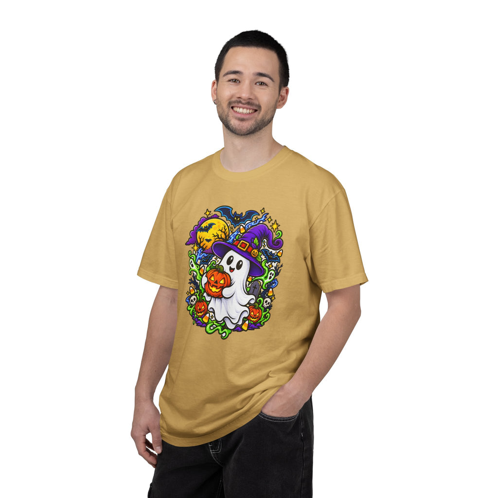 Unisex Halloween Ghost & Pumpkin Tee | Vibrant Spooky Adult Shirt