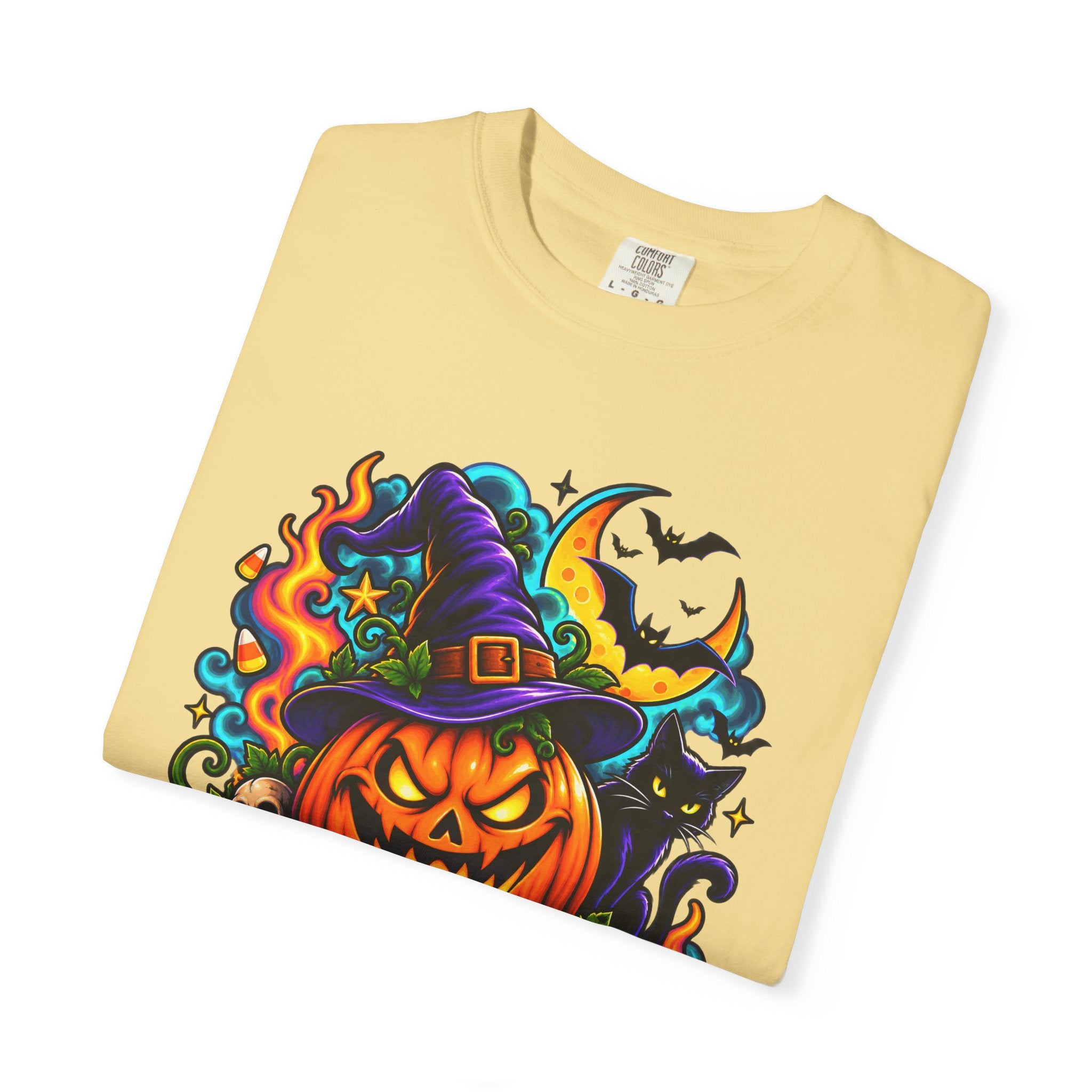 Unisex Halloween Pumpkin & Black Cat T-Shirt | Colorful Spooky Adult Tee