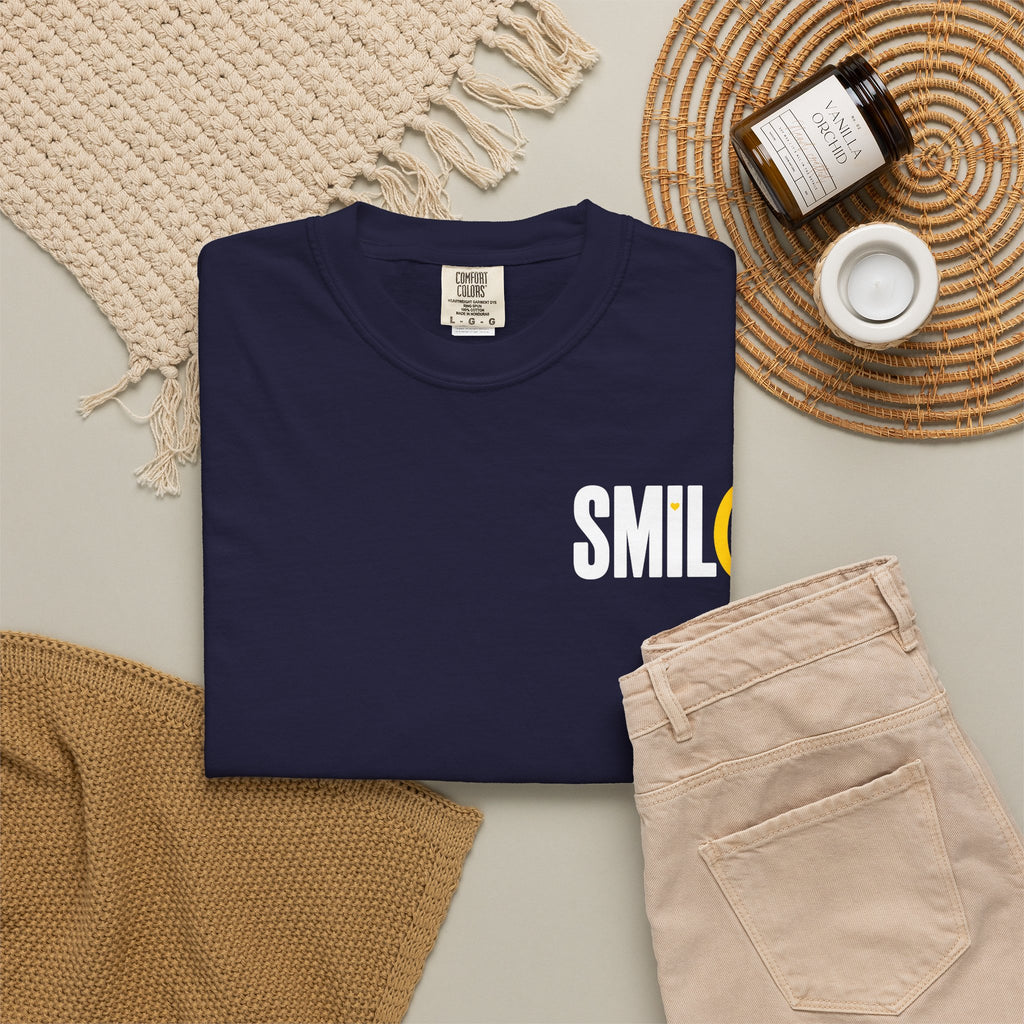 SMIL(: IT’S FREE. White & Yellow Front-and-Back Garment-Dyed Tee
