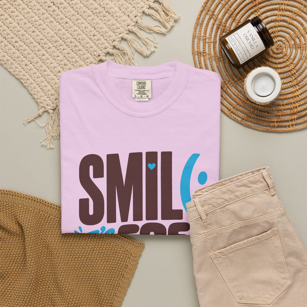 SMIL(: IT’S FREE. Brown & Bright Blue Garment-Dyed Graphic Tee