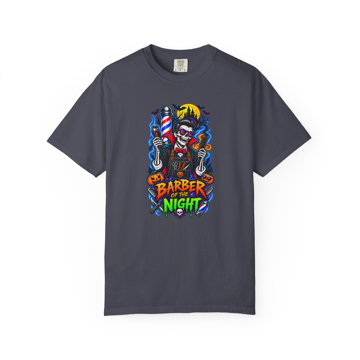 Barber of the Night Halloween Tee – Adult Unisex Barbershop Shirt