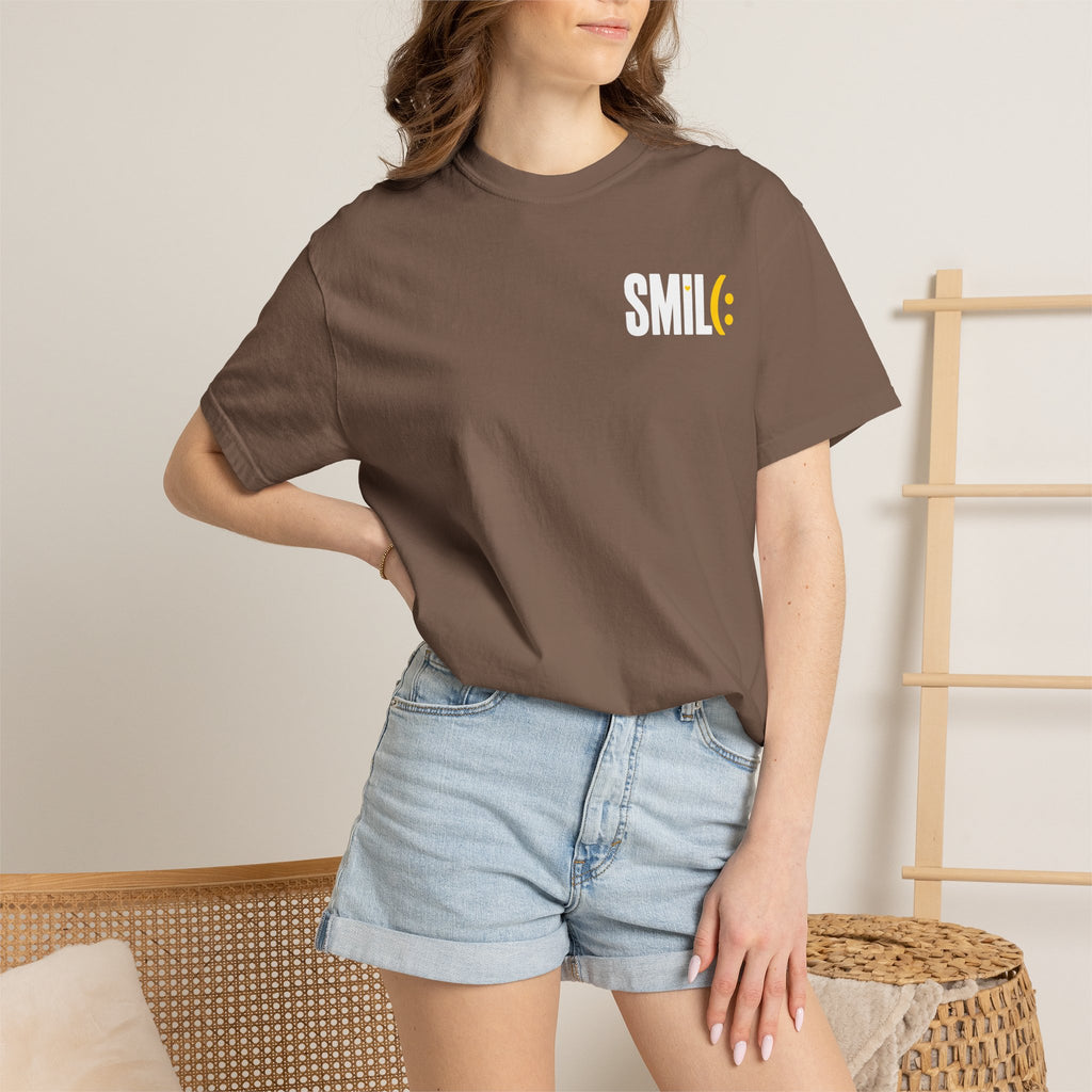 SMIL(: IT’S FREE. White & Yellow Front-and-Back Garment-Dyed Tee