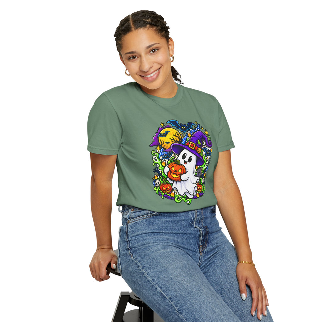 Unisex Halloween Ghost & Pumpkin Tee | Vibrant Spooky Adult Shirt